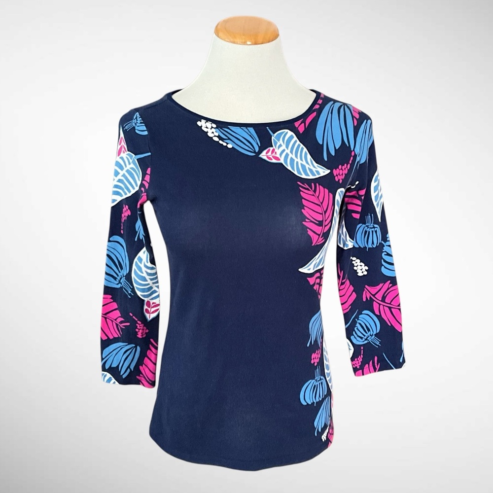 Talbots Navy Leaf Print Pullover 3/4-Sleeve Tee Shirt